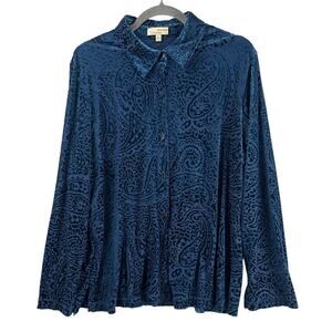 Choices Velvet Burnout Button Down Shirt Size XL Blue Teal Paisley Whimsigoth